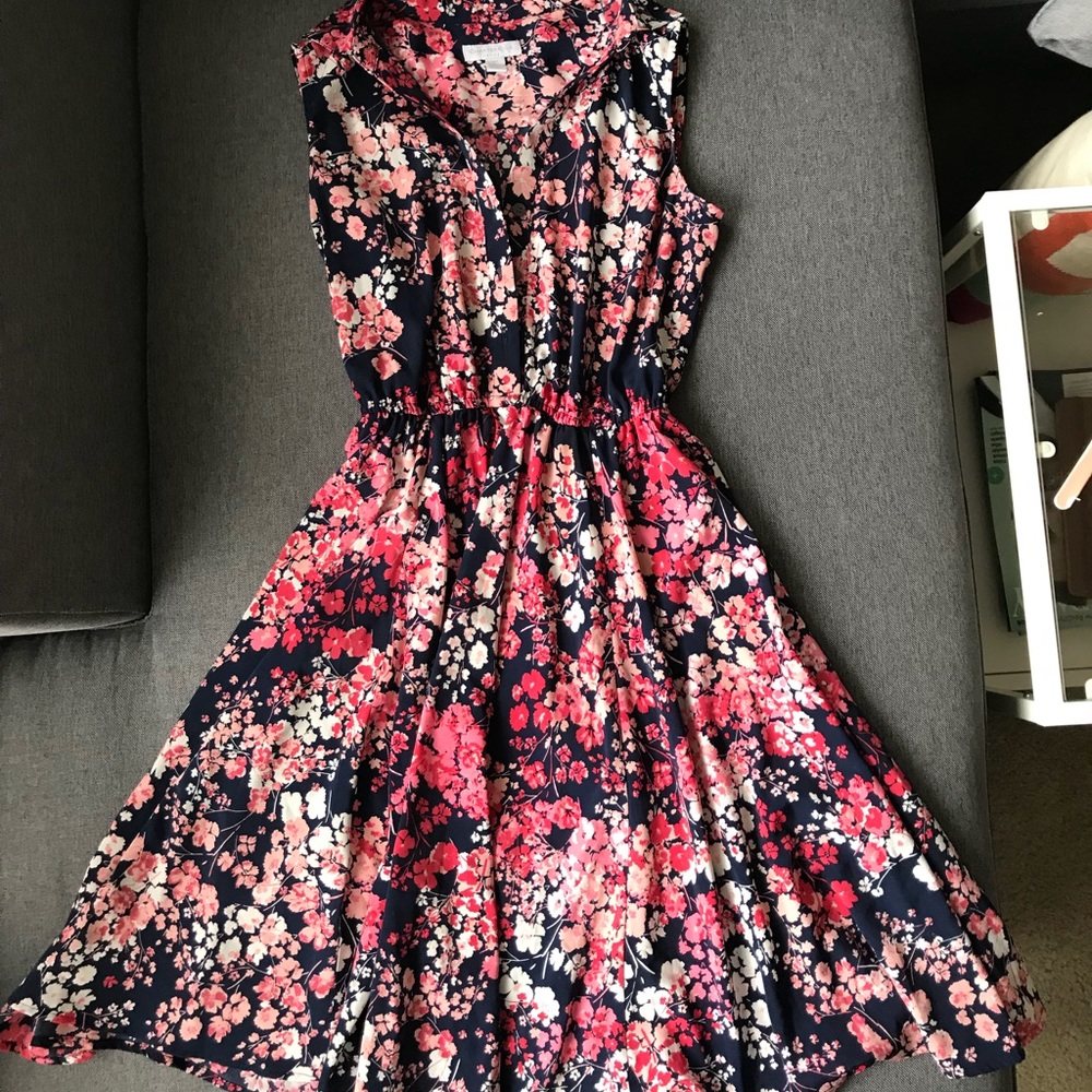 Collared Sleeveless Floral Pink and Navy Dress